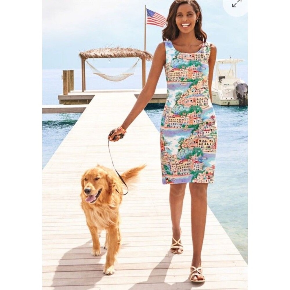 Talbots 12P Spring Summer Cotton Amalfi Coast Italy Scenic Print Shift Dress NWT
